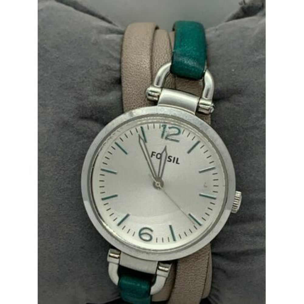 Fossil ES3224 Women's Watch Analog White Dial Beige Teal Leather Band 32mm D386